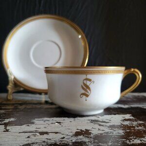 Antique Haviland Limoges France "S" Monogrammed White and Gold Cup and Saucer